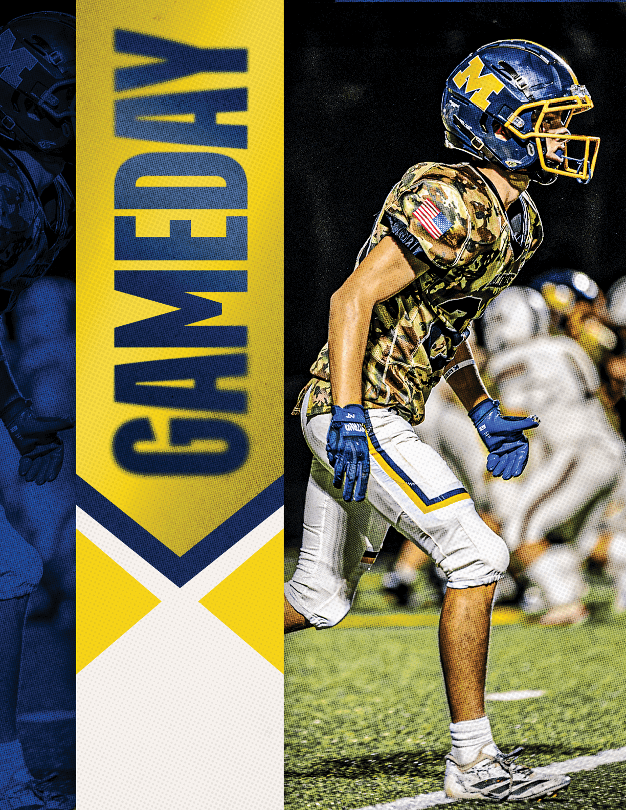 A football player in a camouflage uniform is running on the field. AI generated content