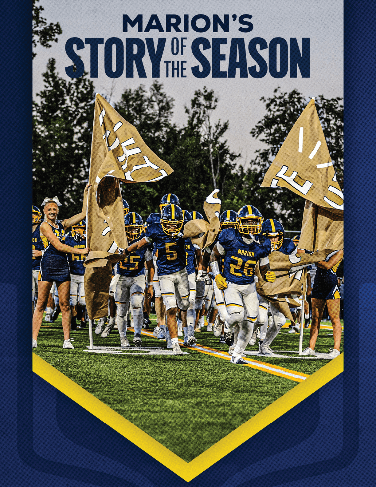 A group of football players in blue and yellow uniforms run onto the field through large flags held by cheerleaders in matching outfits with trees in the background. Description generated by AI