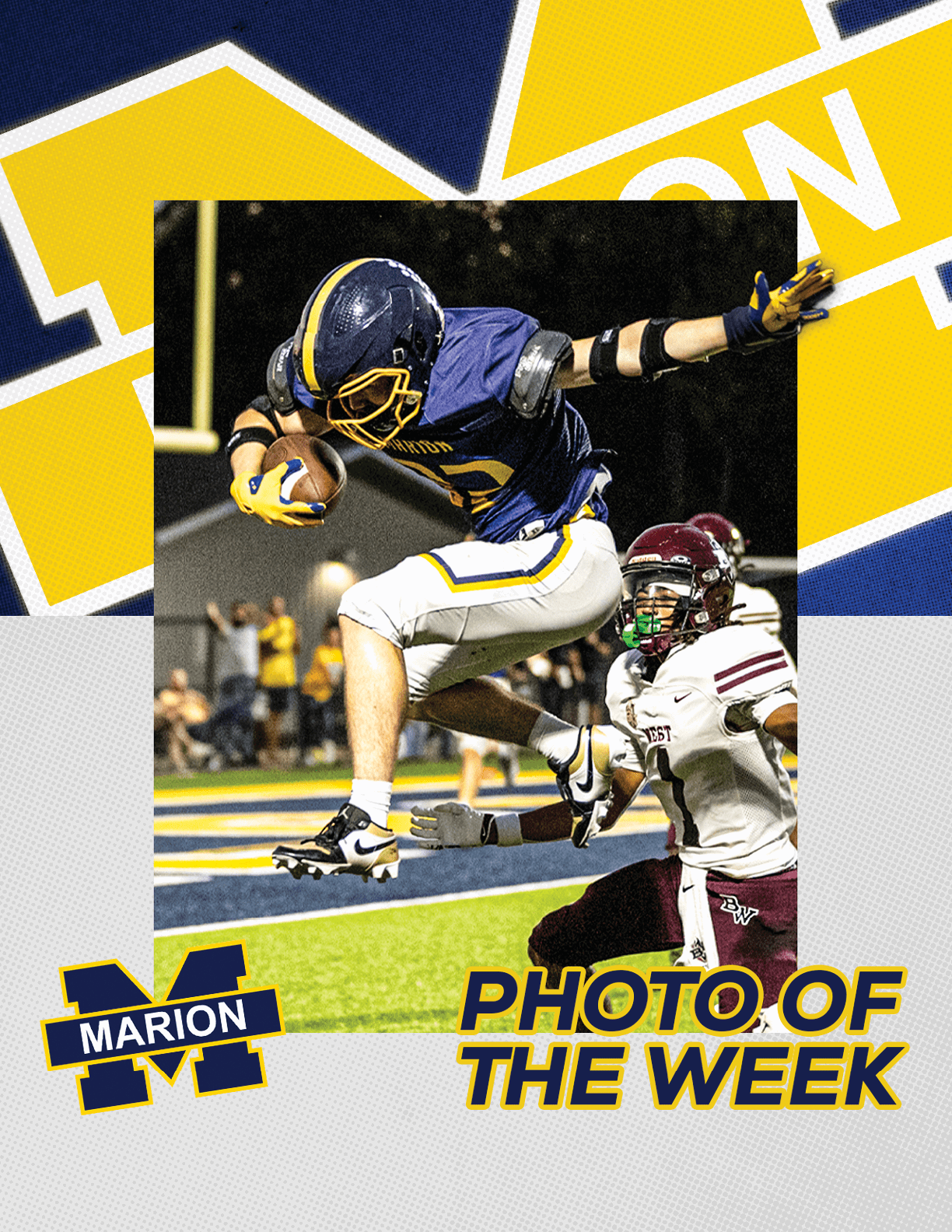 A football player in a blue jersey is leaping in the air to catch a ball. AI generated content