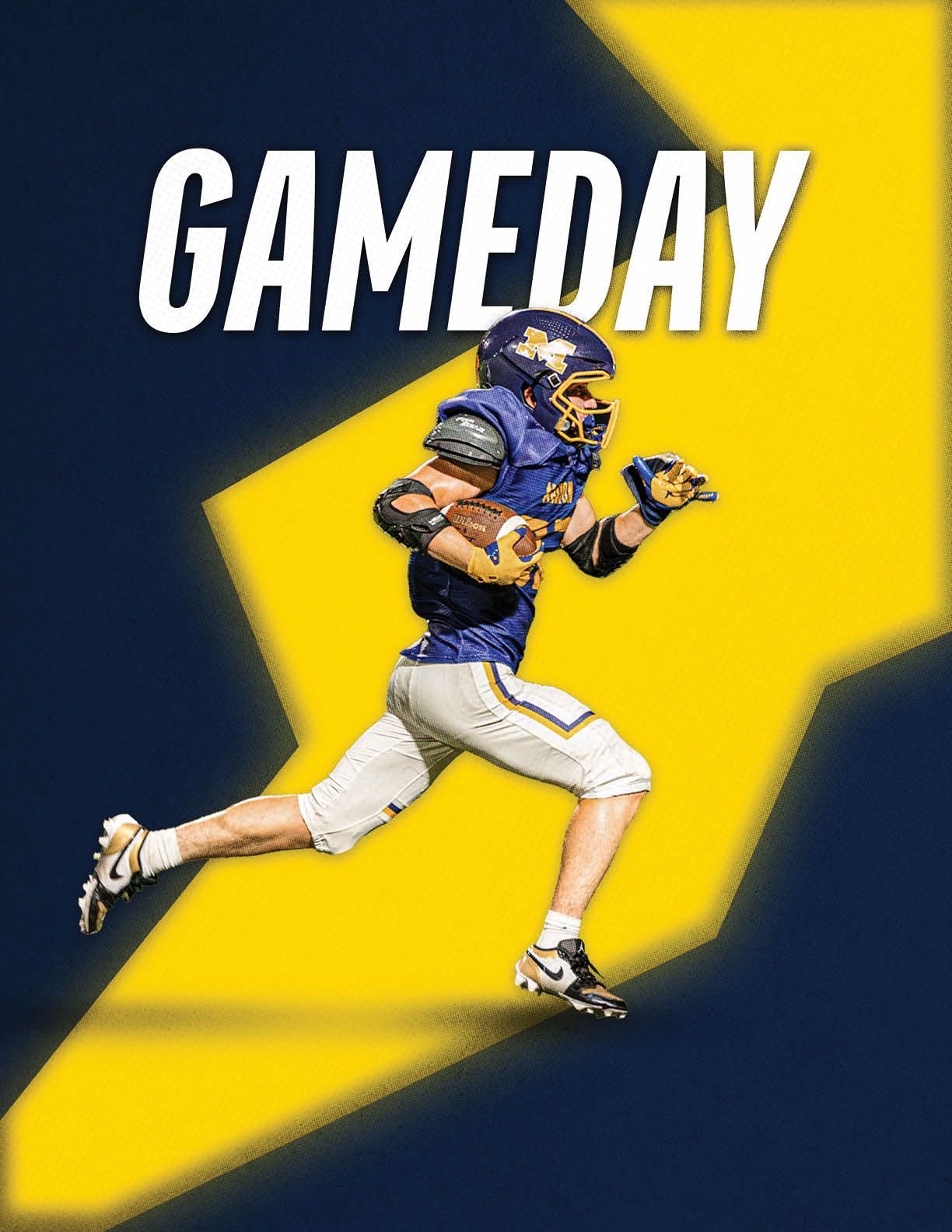 An adult in a blue and yellow football uniform is running with a football against a background featuring a large yellow lightning bolt and the word GAMEDAY in bold white letters. Description generated by AI