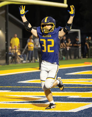 A person wearing a blue and yellow football uniform and helmet raises one arm with a gloved hand in the air on a nighttime field. Description generated by AI