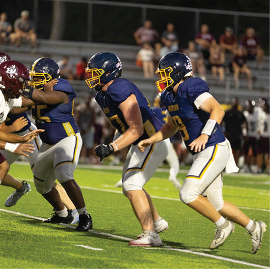 Two people in blue and white football uniforms with helmets are running on a green field during a game with blurred spectators in the background. Description generated by AI