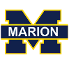 A large navy blue letter M outlined in yellow with the word MARION in white capital letters across the middle. Description generated by AI