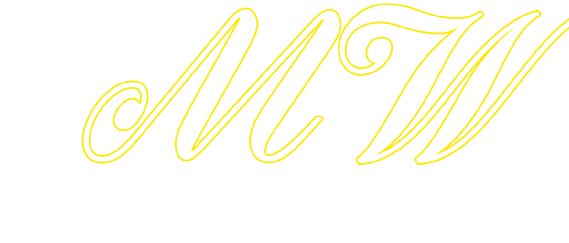 Stylized yellow outline letters “M" and "W" in an elegant cursive font on a white background. Description generated by AI