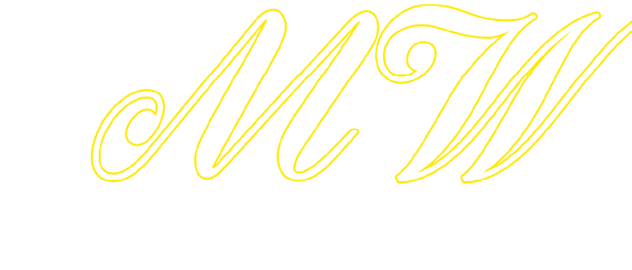 Stylized yellow outline letters “M" and "W" in an elegant cursive font on a white background. Description generated by AI