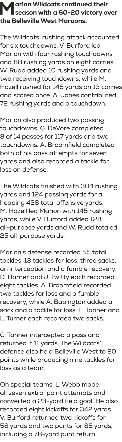 Marion Wildcats continued their season with a 60 20 victory over the Belleville West Maroons. The Wildcats’ rushing a...