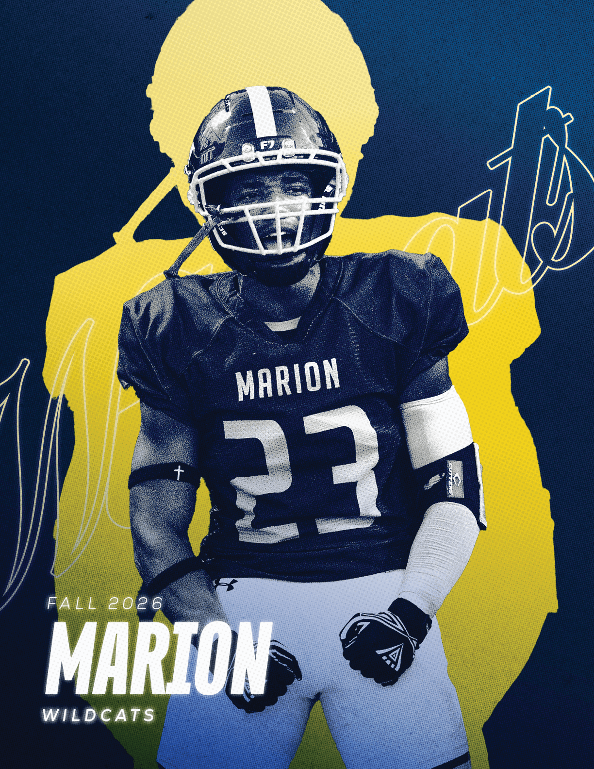 A person wearing a football uniform with the number 23 and the name Marion stands confidently against a blue and yellow graphic background with the text Fall 2023 Marion Wildcats. Description generated by AI