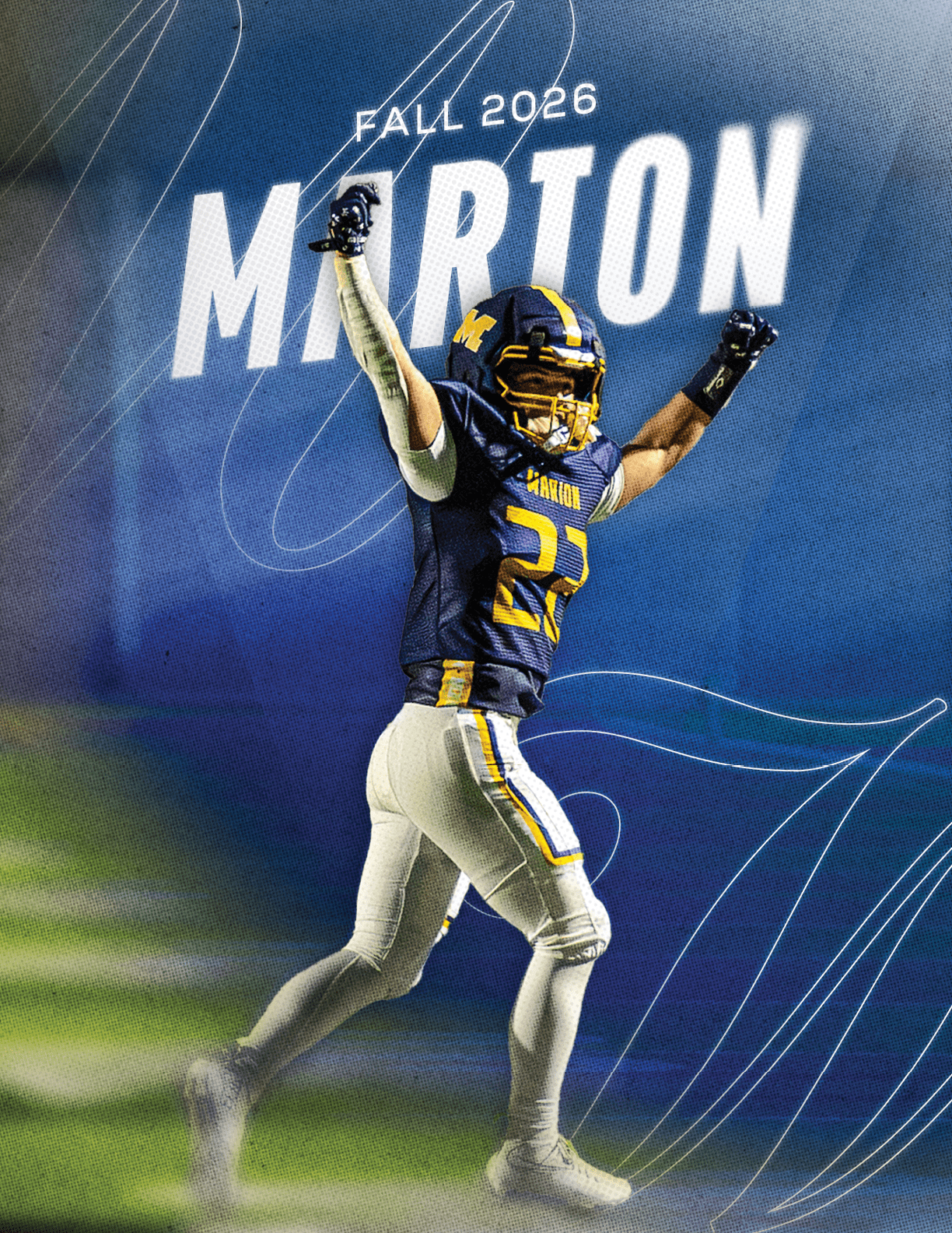 A person in a football uniform with the number 27 is celebrating with arms raised on a field with the text “Fall 2026 MARTON" in the background. Description generated by AI