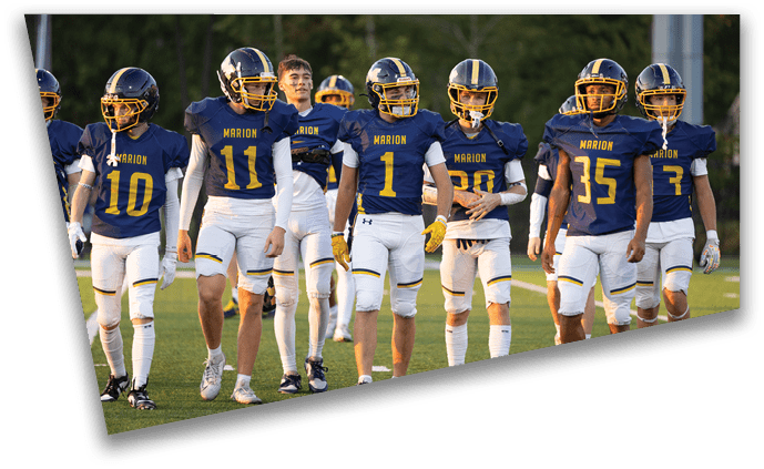 A group of people wearing blue and yellow football uniforms with helmets walk together on a grassy field during daylight. Description generated by AI