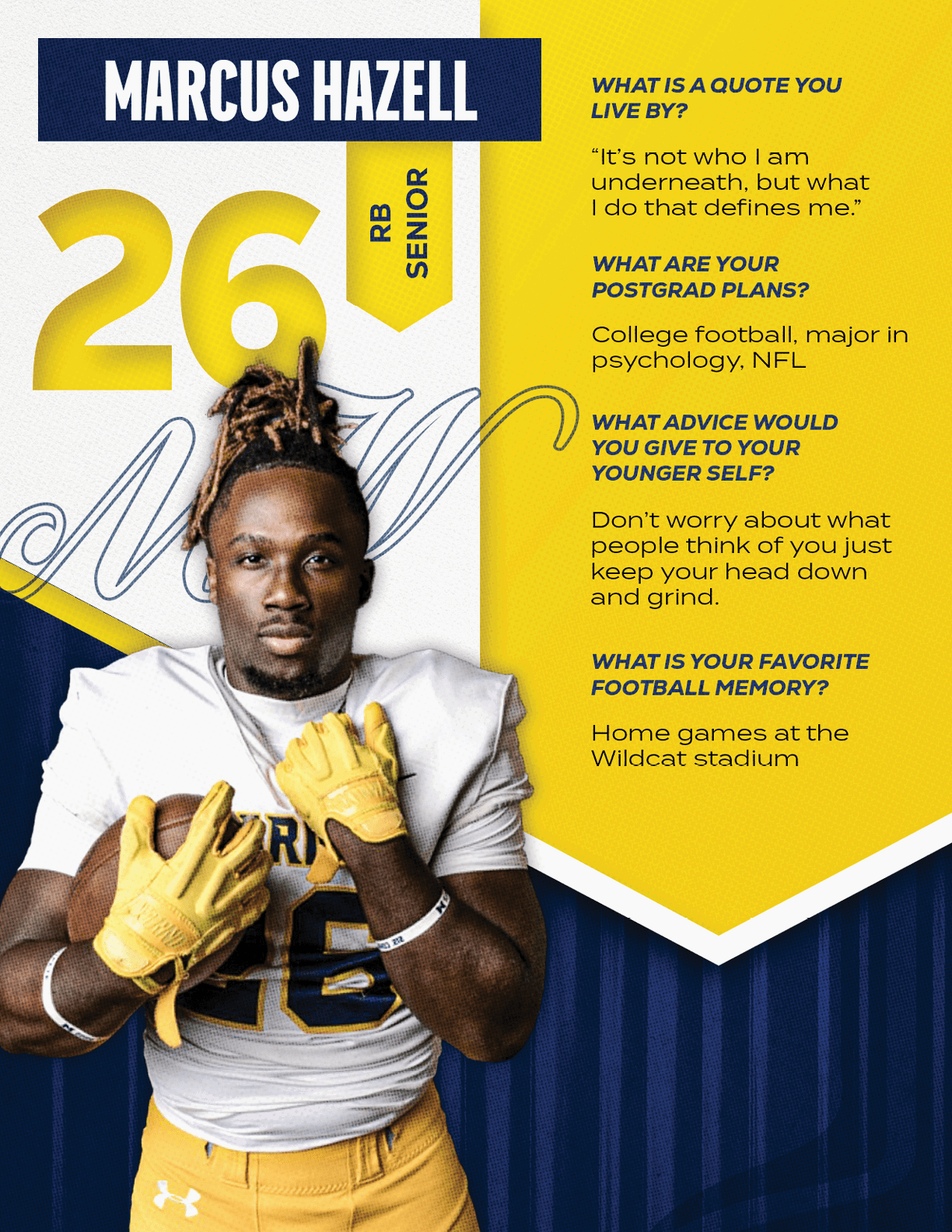 An adult with dreadlocks wearing a white and yellow football uniform and gloves poses confidently with crossed arms next to text about their football career and personal quotes. Description generated by AI