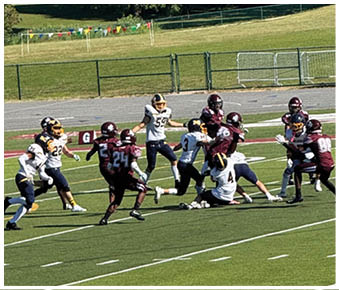 A group of people wearing sports uniforms are actively playing football on a green field with a track and grassy area in the background. Description generated by AI