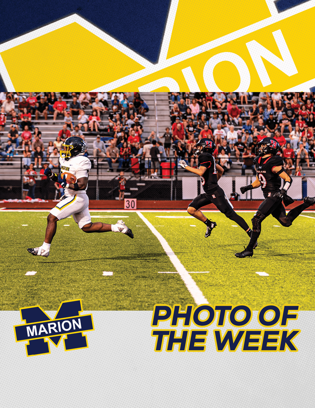 A person in a white sports uniform is running on a football field ahead of two people in black uniforms with red helmets while a crowd watches from the stands. Description generated by AI