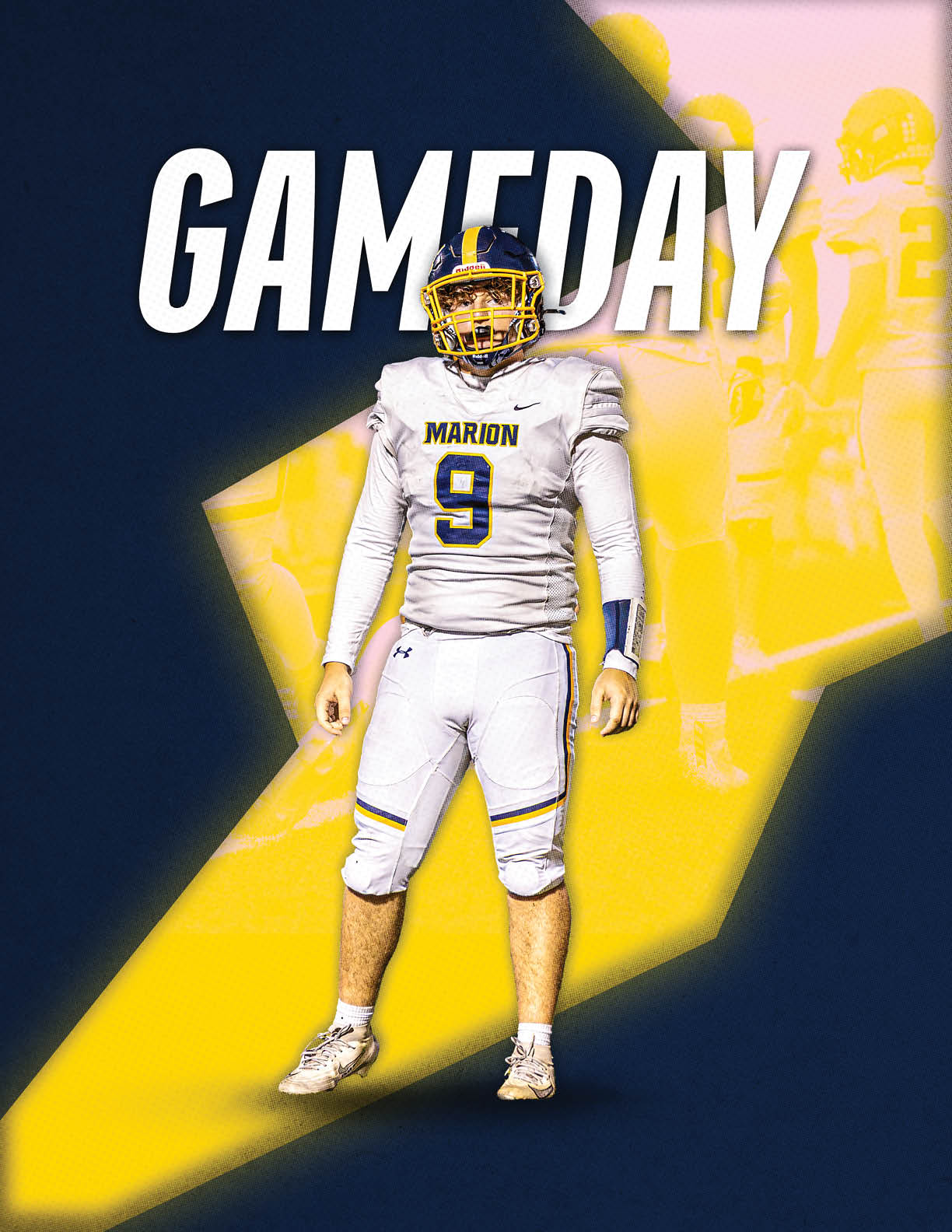 A person in a white football uniform with the number nine and the word Marion stands confidently on a dark and yellow background with the word GAMEDAY above. Description generated by AI