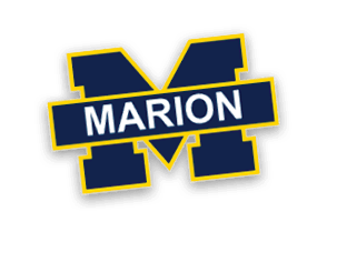 A large navy blue letter M with a yellow outline and a navy blue rectangular banner across the middle containing the word MARION in white capital letters. Description generated by AI