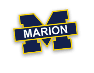 A large navy blue letter M with a yellow outline and a navy blue rectangular banner across the middle containing the word MARION in white capital letters. Description generated by AI