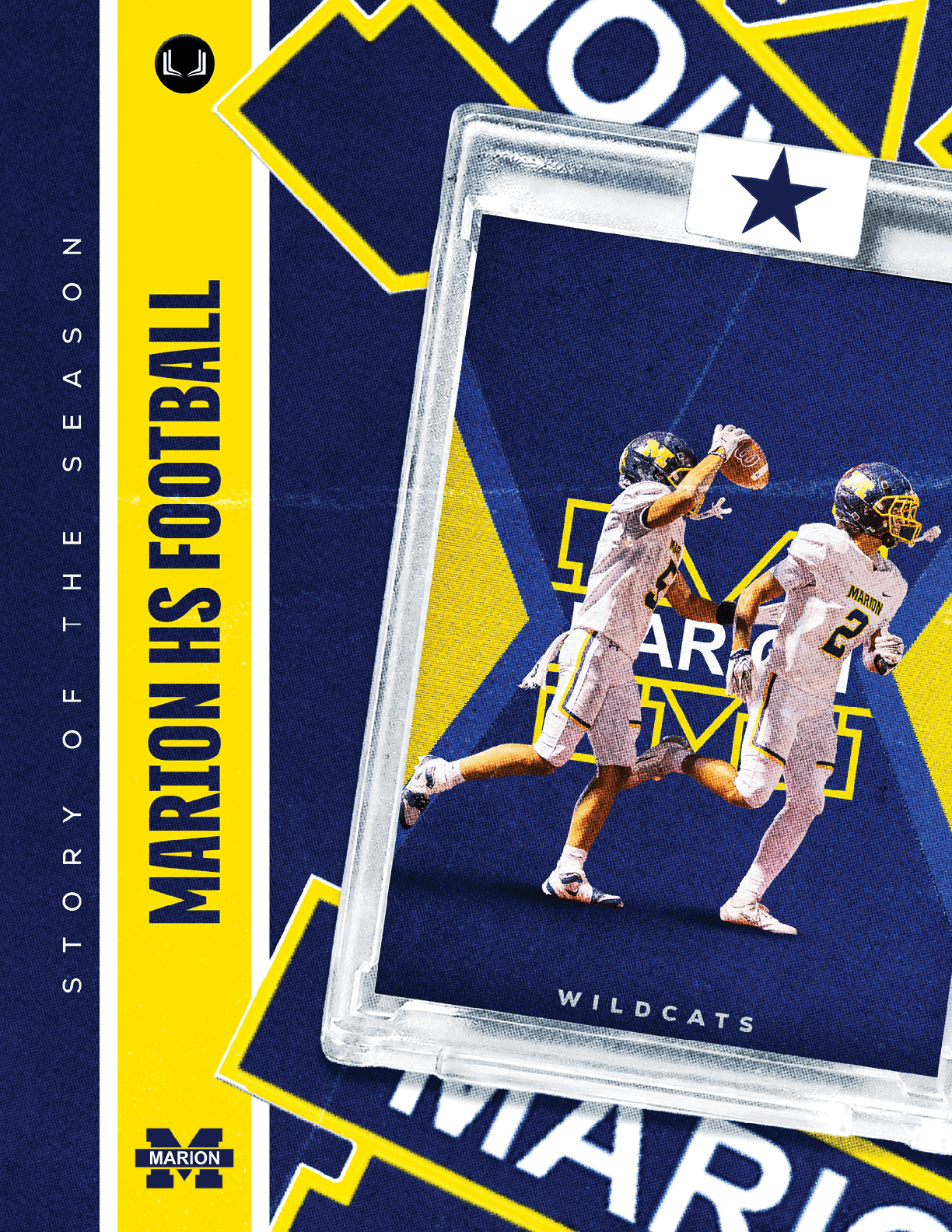 Two people in football uniforms are running on a blue and yellow background with the text “Marion HS Football" and "Wildcats." Description generated by AI