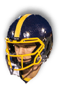 Person wearing a dark blue football helmet with a yellow stripe and yellow faceguard, dressed in a white sports jersey. Description generated by AI