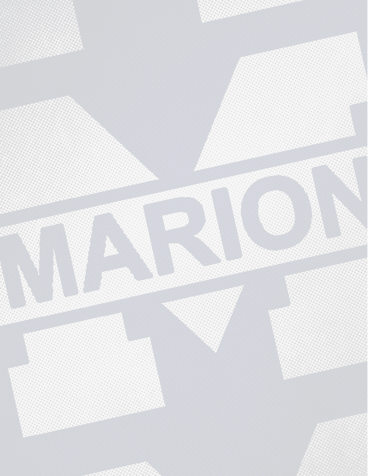 A close-up of a textured fabric with a large blue letter M and the word MARION printed across it in bold blue letters. Description generated by AI