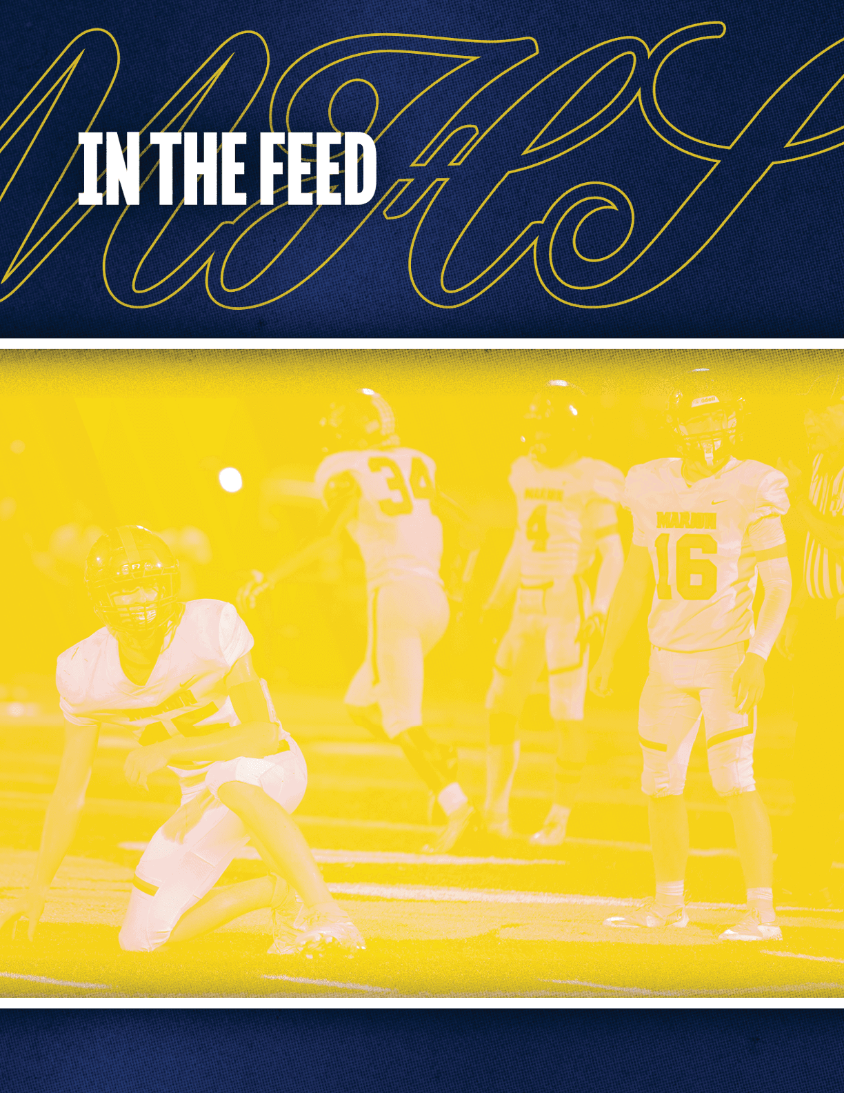 Several people in sports uniforms are standing and kneeling on a field under bright lights with the text “IN THE FEED" above them. Description generated by AI