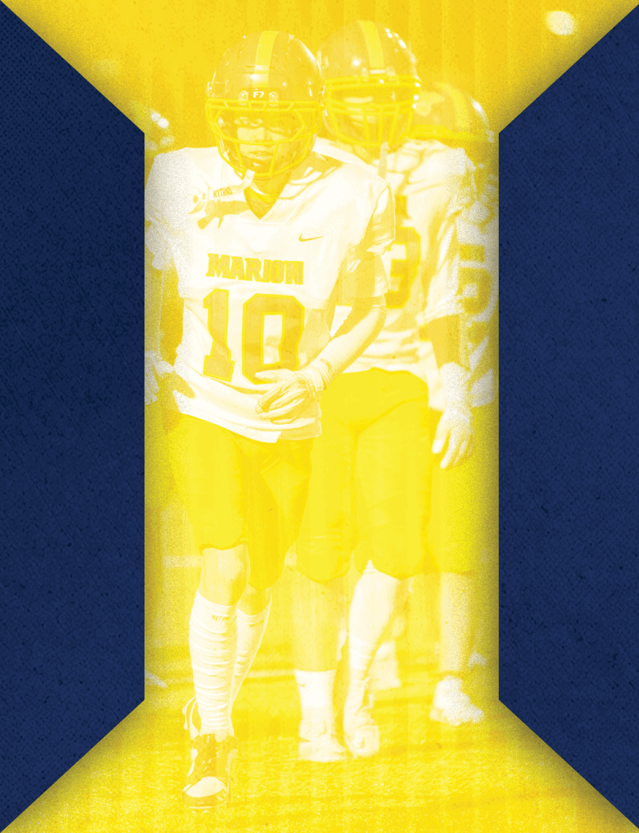 People wearing football uniforms are standing on a field with a yellow and blue graphic overlay partially obscuring the scene. Description generated by AI