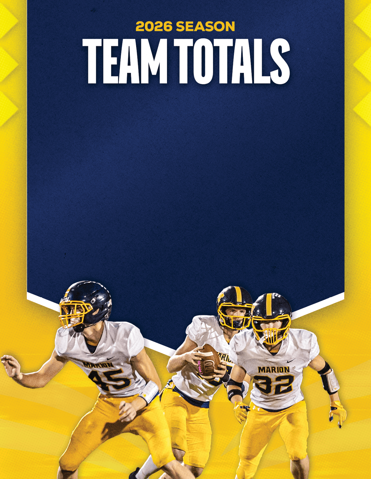 Three people in yellow and white football uniforms are positioned as if preparing to play, with a dark blue banner above them reading 2026 season team totals. Description generated by AI