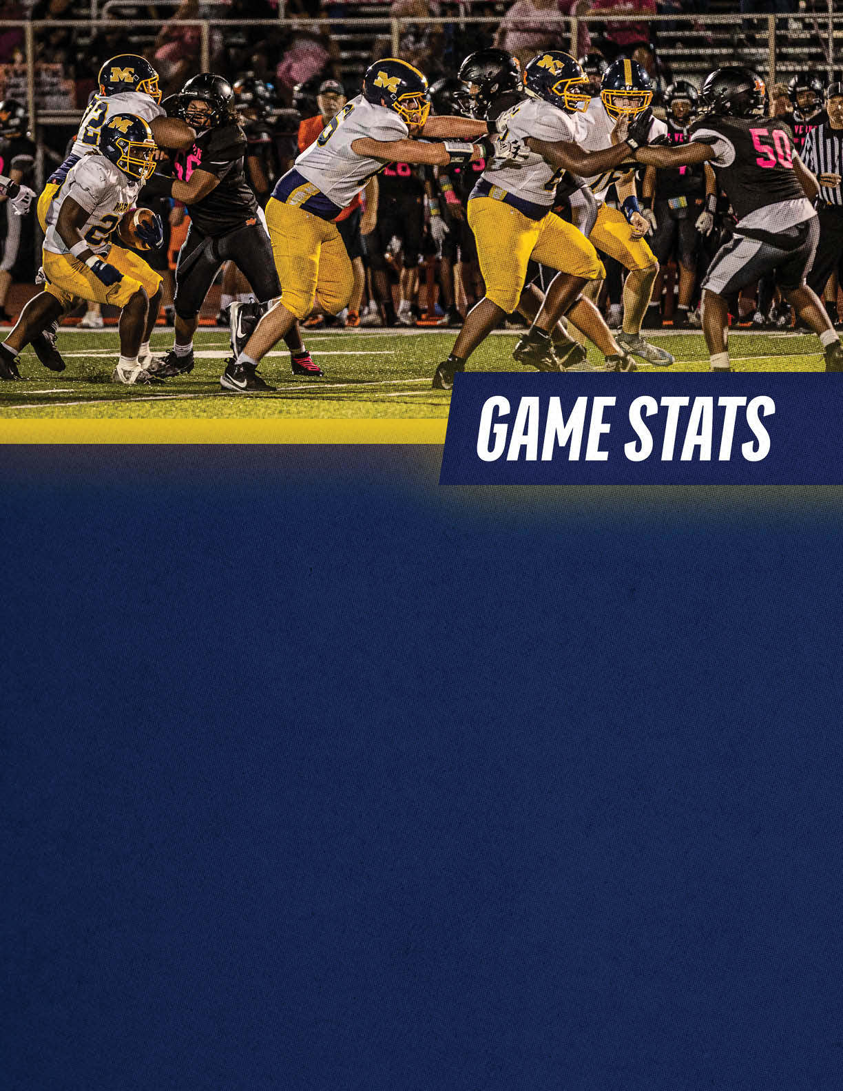 People in football uniforms are actively engaged in a play on a lit field with a crowd in the background and a graphic overlay reading “GAME STATS." Description generated by AI