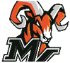A stylized orange and white ram head with large curved horns is positioned above bold black letters “MV" outlined in white. Description generated by AI