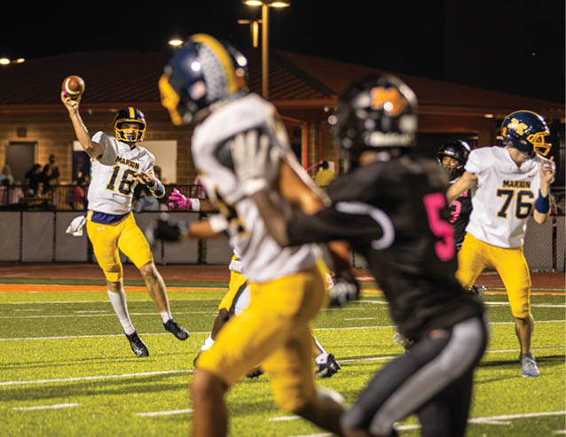 A person in a white and yellow football uniform is throwing a football while other players in black and yellow uniforms are on a lit football field at night. Description generated by AI