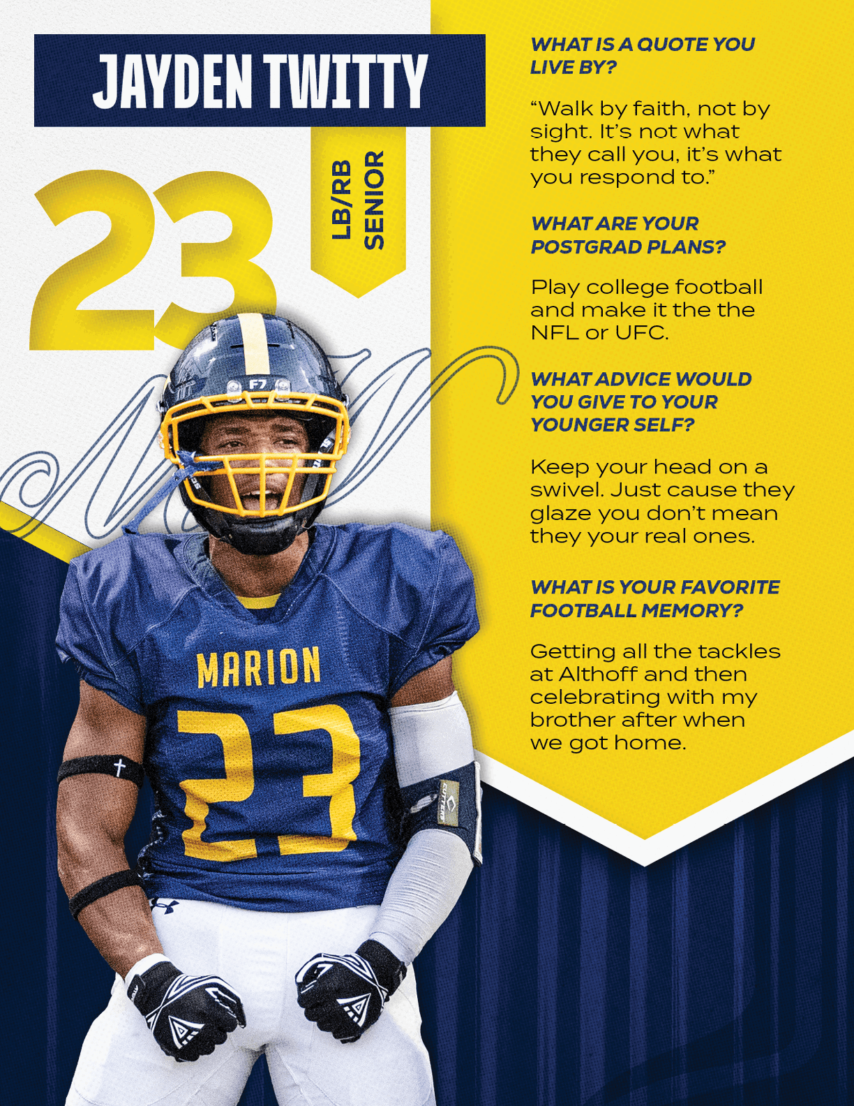 An adult in a blue and yellow football uniform with the name Marion and number 23 stands with clenched fists, accompanied by text about Jayden Twitty's life philosophy, postgrad plans, advice, and favorite football memory. Description generated by AI