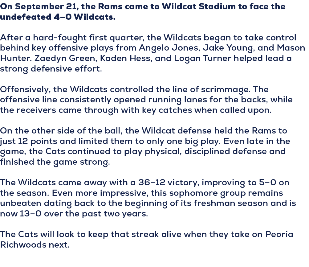 On September 21, the Rams came to Wildcat Stadium to face the undefeated 4–0 Wildcats. After a hard fought first quar...