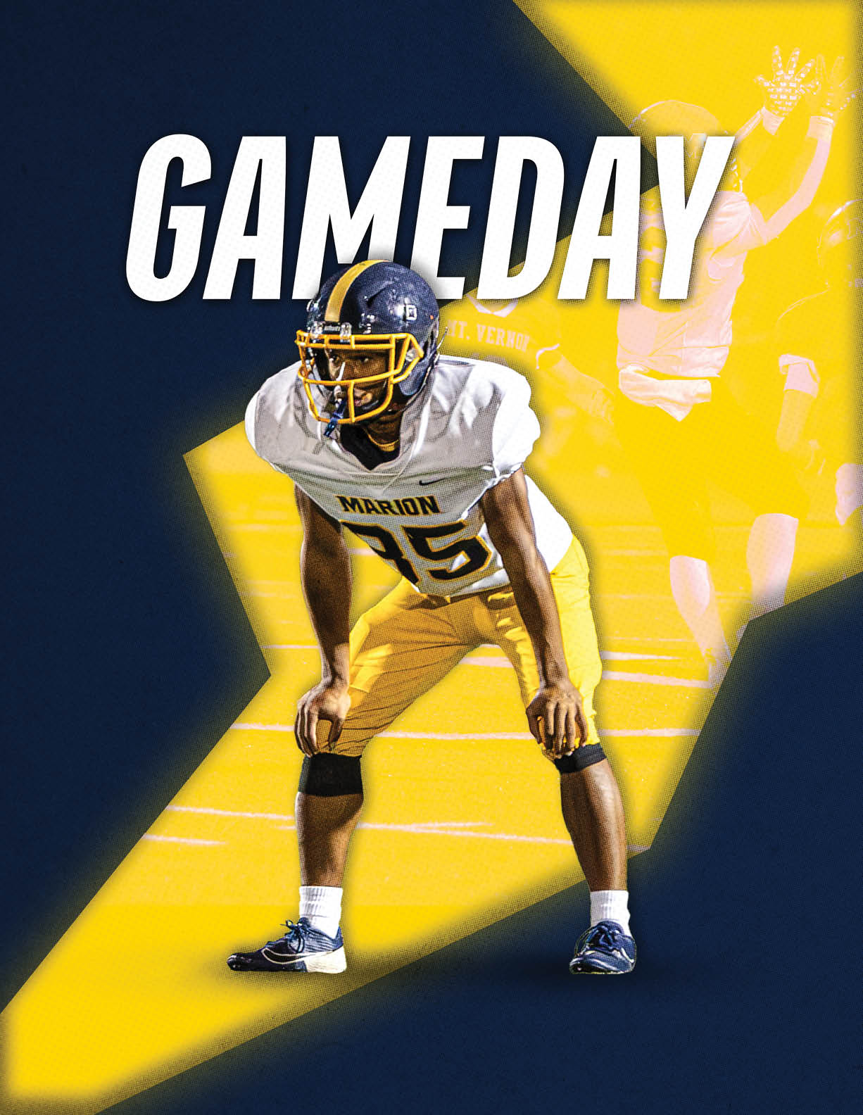 A person in a football uniform with the number 25 is crouched in a ready position on a field with a bold yellow and dark blue background and the word GAMEDAY above. Description generated by AI