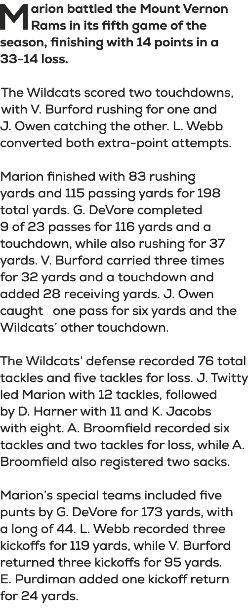 Marion battled the Mount Vernon Rams in its fifth game of the season, finishing with 14 points in a 33 14 loss. The W...