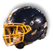 A person wearing a dark blue football helmet with a yellow faceguard is looking to the side. Description generated by AI