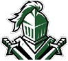 A stylized green and white knight helmet with a plume is centered above two crossed swords in a bold graphic design. Description generated by AI