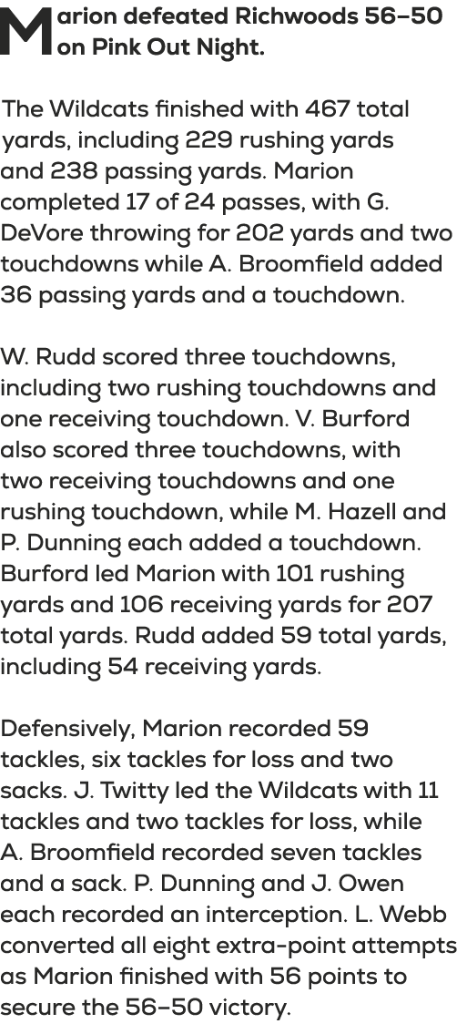 Marion defeated Richwoods 56–50 on Pink Out Night. The Wildcats finished with 467 total yards, including 229 rushing ...