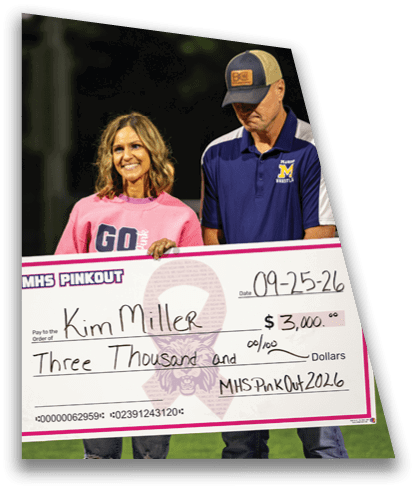 Two adults stand together holding a large ceremonial check for a fundraising event, with one smiling and the other looking down. Description generated by AI
