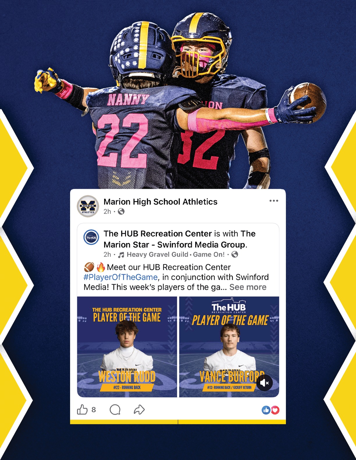 Two people in football uniforms with the numbers 22 and 12 celebrate with arms outstretched while a social media post below highlights players of the game from a high school athletics page. Description generated by AI