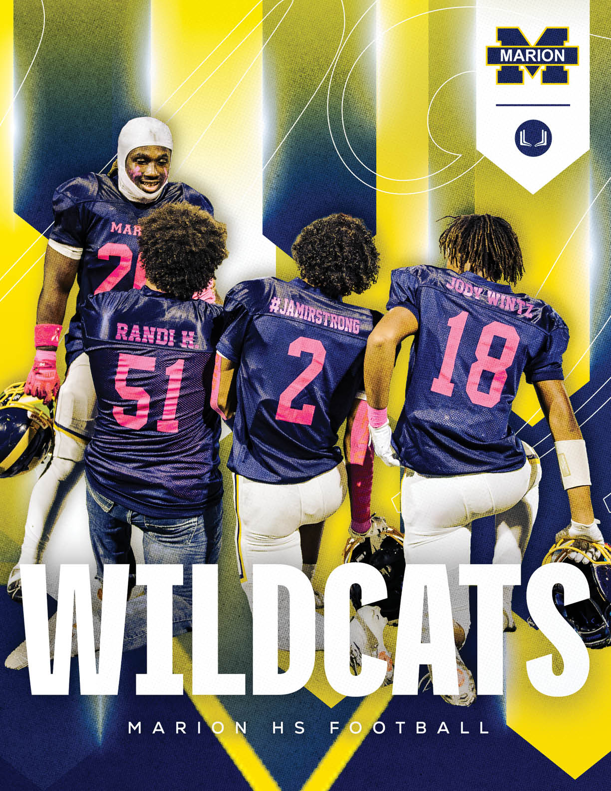 Four people in football uniforms with pink numbers stand together against a blue and yellow background with the text Wildcats and Marion HS Football. Description generated by AI
