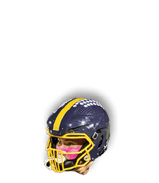 A person wearing a dark blue football helmet with a yellow stripe and yellow faceguard is looking to the side. Description generated by AI