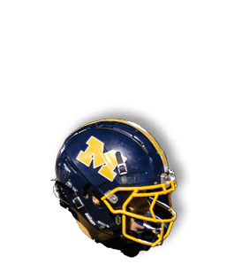 A person wearing a dark blue football helmet with a yellow “M" logo and yellow faceguard is looking to the side. Description generated by AI