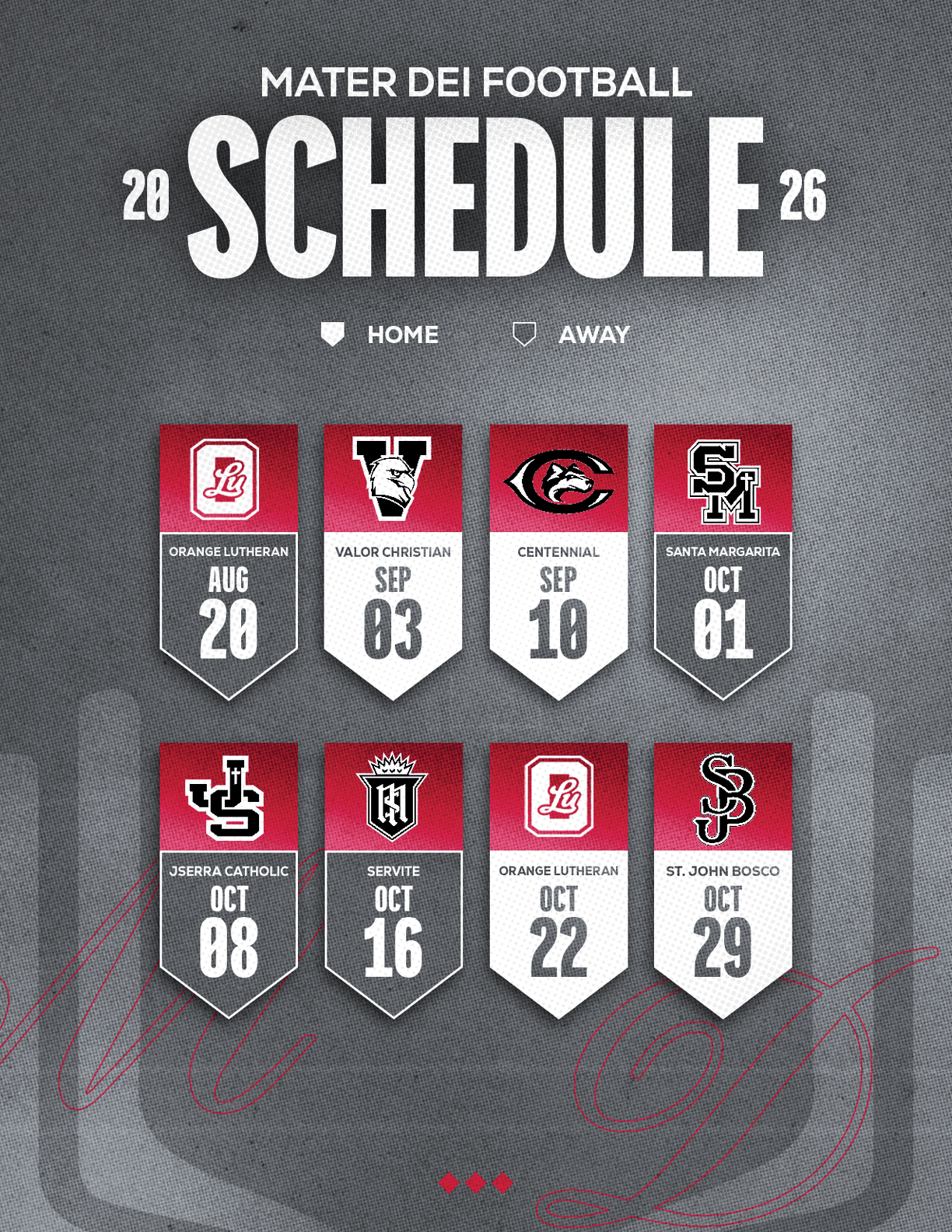 The Mater Dei Football 2026 schedule is displayed with team logos and dates for home and away games in a bold, modern design on a textured gray background. Description generated by AI