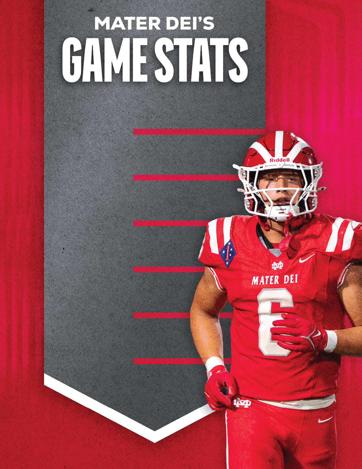 A person in a red football uniform and helmet stands next to a gray banner with red lines and white text reading Mater Dei's Game Stats on a red background. Description generated by AI