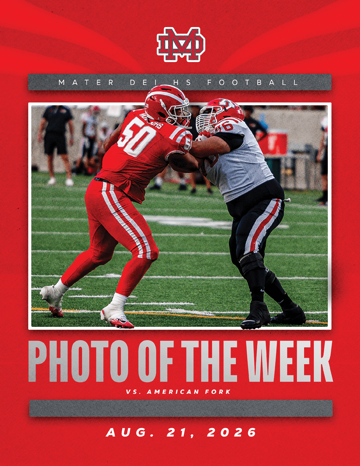 Two football players in red and white uniforms are engaged in a blocking stance on a green field during a game between Mater Dei and American Fork. Description generated by AI