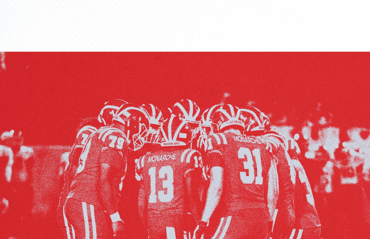A group of people wearing football helmets and uniforms are huddled together on a field with a red overlay effect. Description generated by AI
