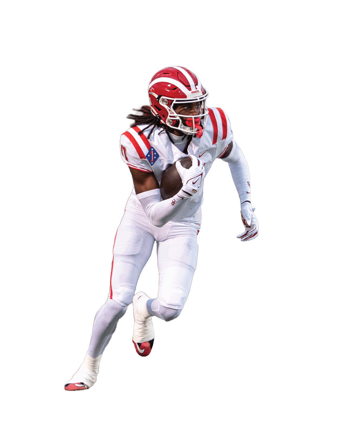 A person wearing a red and white football uniform is running while holding a football. Description generated by AI