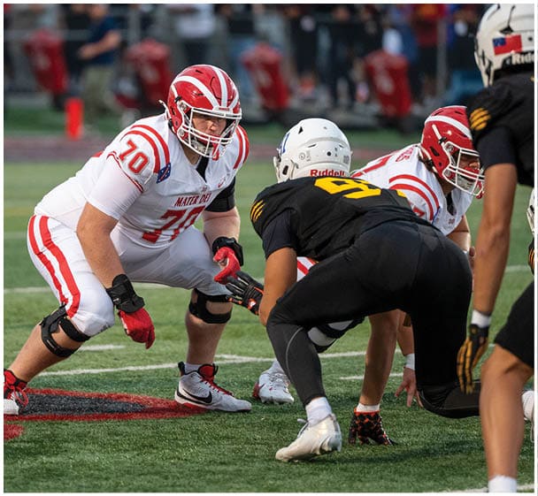 Two people in football uniforms are crouched facing each other on a field, preparing for a play, with one person in white and red and the other in black and yellow. Description generated by AI