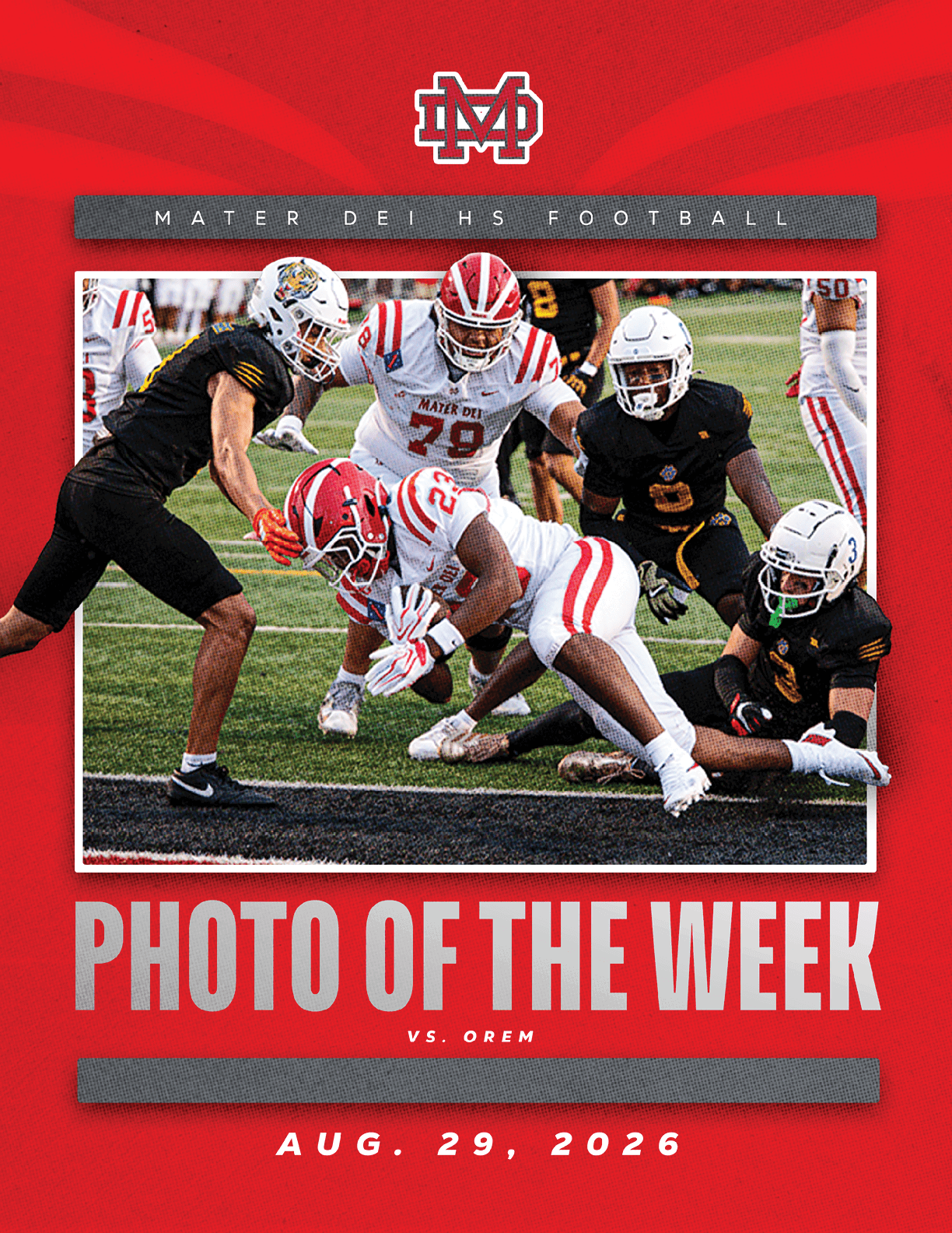 High school football players in red and white and black and gold uniforms compete intensely near the end zone during a game featured as photo of the week for August 29, 2026. Description generated by AI