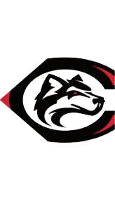 A stylized black and red letter C with a fierce wolf head in black and white inside the letter. Description generated by AI