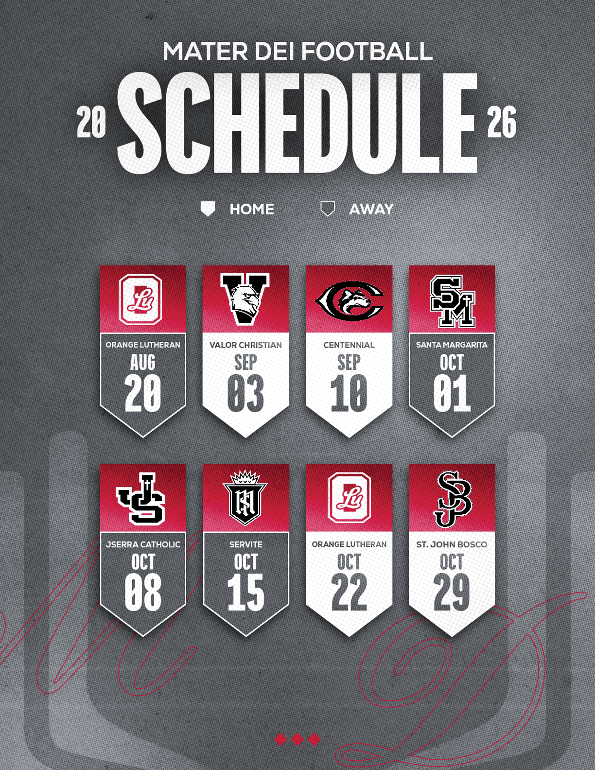 The 2026 Mater Dei Football schedule is displayed with dates and opponents, using a dark textured background and red, white, and gray banners to indicate home and away games. Description generated by AI