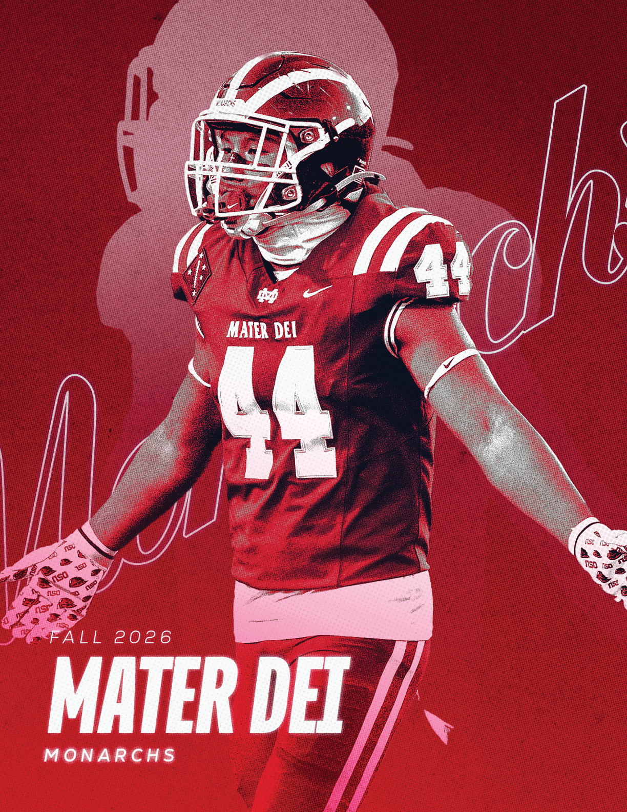 A person wearing a red and white football uniform with the number 44 and the text Mater Dei Monarches stands with arms outstretched against a red background. Description generated by AI
